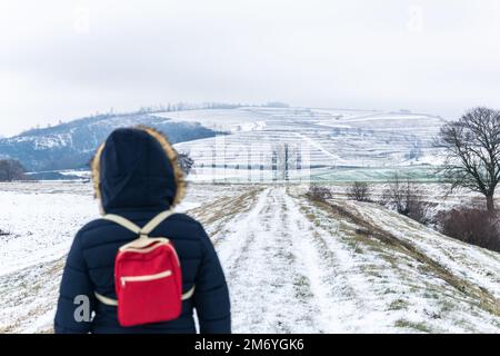 Eine Frau in Winterkleidung schaut auf einen schneebedeckten Hügel, Balassagyarmat, Ungarn Stockfoto