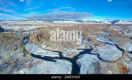 Die Landschaft von Clark Fork Confluence in Missoula, Montana, USA, aus der Vogelperspektive Stockfoto
