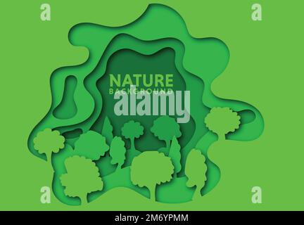 Abstrakte grüne Cartoon-Bäume im Papierschnitt. Vector farbenfrohes minimalistisches Designkonzept. Kreative 3D-Illustration oder Vorlage. Stock Vektor