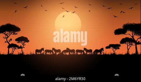 Afrikanische Savannentiere bei Sonnenuntergang. Silhouetten wilder Tiere der afrikanischen Savanne Stock Vektor
