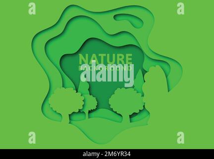 Abstrakte grüne Cartoon-Bäume im Papierschnitt. Vector farbenfrohes minimalistisches Designkonzept. Kreative 3D-Illustration oder Vorlage. Stock Vektor