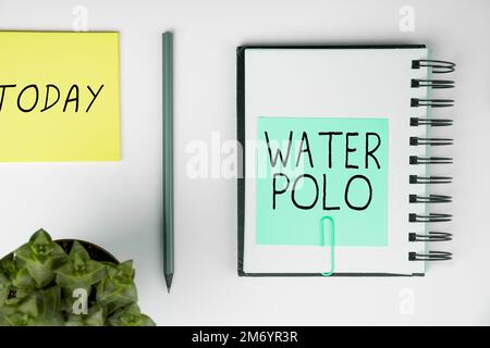 Konzeptionelle Darstellung Wasser Polo. Wort geschrieben über konkurrierenden Mannschaftssport im Wasser zwischen zwei Mannschaften gespielt Stockfoto