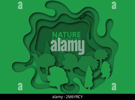 Abstrakte grüne Cartoon-Bäume im Papierschnitt. Vector farbenfrohes minimalistisches Designkonzept. Kreative 3D-Illustration oder Vorlage. Stock Vektor