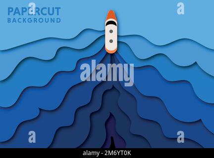 Blick von oben auf den Fluss und die Yacht im Papierschnitt. 3D Jahre Küstenlandschaft mit Vergnügungsboot auf dem See im Sommer in Papercut-Kunst. Abbildung: Vektorkarte Stock Vektor