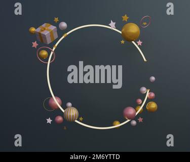 3D-Darstellung fliegender geometrischer Formen, Geschenk und Sterne um einen glühenden Ring Stockfoto