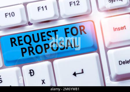 Konzeptioneller Titel „Request for Proposal“ (Angebotsanfrage). Das Dokument für das Geschäftskonzept enthält einen Ausschreibungsprozess nach Agentur oder Unternehmen Stockfoto