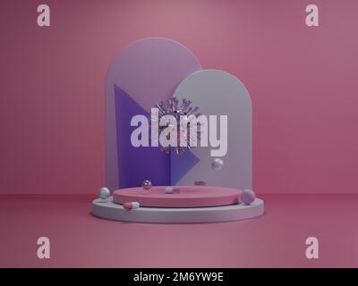 Abstrakte Szene eines Virus über einem Podium mit fliegenden Pillen um und Bögen dahinter in Pastellfarben. 3D-Rendering Stockfoto