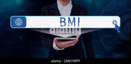 Konzeptionelle Bildunterschrift BMI. Geschäftsüberblick Methode zur Schätzung des Körperfettgehalts nach Gewicht und Körpergröße Stockfoto