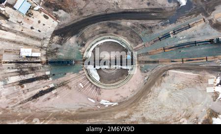 Der Bahnhof in Missoula, Montana, USA, aus der Vogelperspektive Stockfoto