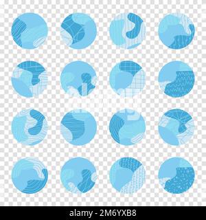 Kollektion der Kreissymbole. Runde, strukturierte Formen, Zeichen und Symbole zum Pudeln. Heben Sie Cover und Elemente für die Markenidentität hervor. Vektordarstellung Stock Vektor