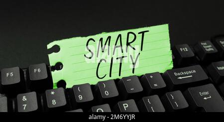 Textbeschriftung für Smart City. Ein Wort über städtische Gebiete, das ein anderes elektronisches Internet der Dinge verwendet Stockfoto