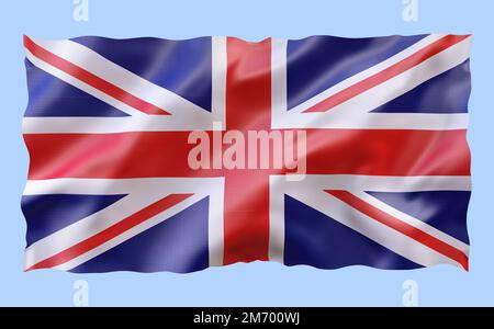 Offizielle nationale britische Flagge, winkend im Wind. 3D Darstellung der Flagge des Vereinigten Königreichs, Seidenstruktur von Union Jack, isoliert auf Abstrakt Stockfoto