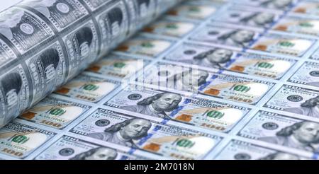 US-100-Dollar-Scheine mit amerikanischer Gelddruckmaschine drucken, uns-Dollar-Scheine auflösen. US-Wirtschaft, Banken, Finanzen, Steuern, Bargeld, S Stockfoto