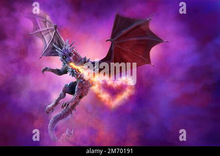 Romantischer Hintergrund am Valentinstag. Süßer fliegender Fantasie-Drache in Liebe, der Feuer spuckt, in valentinsherz-Form. Lustiges Valentinskarten-Konzept, h Stockfoto