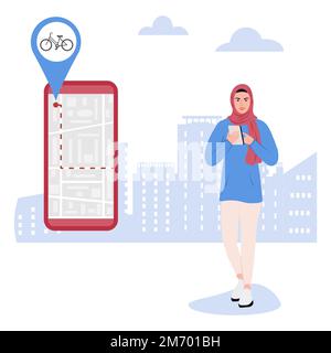 Vektordarstellung eine muslimische Frau verwendet eine App auf dem Handy für die Suche nach einem Fahrradverleih. Freigabesystem. Öffentliche Verkehrsmittel Peop Stock Vektor