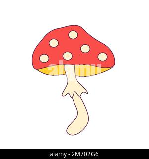 Tolle Amanita im Stil der 60s und 70s Jahre. Handgezogener, giftiger Vintage-Pilz. Einrichtung im Retro-Stil. Vektordarstellung. Stock Vektor