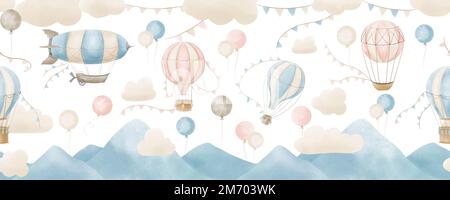 Baby-Tapete mit Heißluftballons und Wolken. Handgezeichnetes nahtloses Aquarell-Muster für Kinder. Abbildung in zarten Blau- und Pink-Pastellfarben. Hintergrund für die Gestaltung von Jungen- oder Mädchenzimmern. Stockfoto