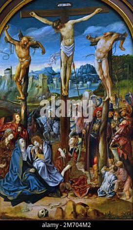 The Crucifixion 1520-1527 , Cornelis Engebrechtsz 1462 - 1527 und Werkstatt Triptych Dutch Niederlande Stockfoto