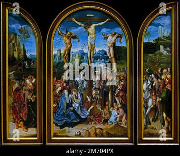 The Crucifixion 1520-1527 , Cornelis Engebrechtsz 1462 - 1527 und Werkstatt Triptych Dutch Niederlande Stockfoto