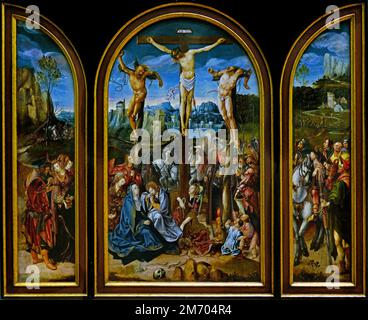 The Crucifixion 1520-1527 , Cornelis Engebrechtsz 1462 - 1527 und Werkstatt Triptych Dutch Niederlande Stockfoto