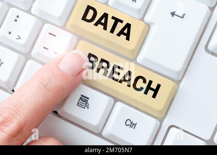 Textunterschrift für Datenmissbrauch. Sicherheitsvorfall für Geschäftskonzepte, bei dem vertrauliche geschützte Informationen kopiert wurden Stockfoto