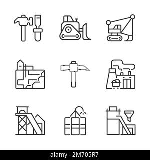 Pixelgenauer linearer Symbolsatz für die Bergbauindustrie Stock Vektor