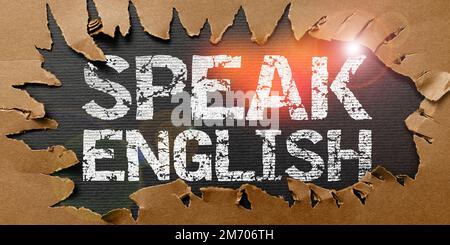 Die vorgestellte Textunterschrift spricht Englisch. Konzeptfoto Studieren Sie eine andere Fremdsprache Online-verbale Kurse Stockfoto