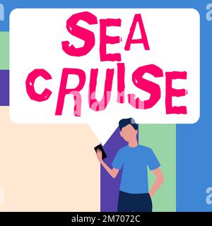 Textunterschrift mit einer Bootstour auf dem Meer. Internetkonzept eine Reise auf einem Schiff oder Boot, die zum Vergnügen oder als Urlaub genommen wird Stockfoto