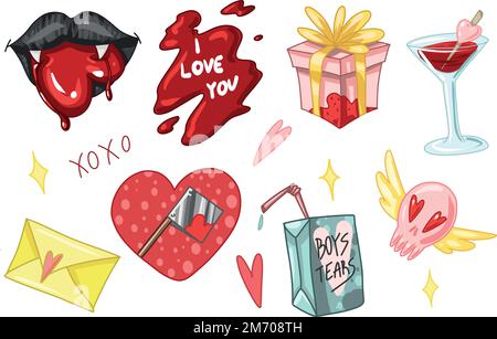 Set Creepy Valentine Clipart, Spooky Valentine, Pastel Goth Digital Sticker, Alternative Valentine Day Vector EPS10 Stock Vektor