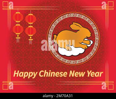 Frohes chinesisches Neujahr 2023, Jahr des Hasen. Der rote Hintergrund des Tempels enthält das Kaninchenzodiac der Chinesen und die Laterne. Stock Vektor