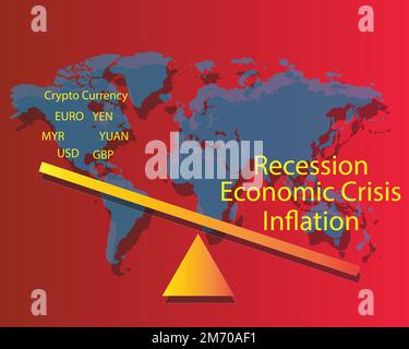 Wirtschaftsrezession 2023 Schaubilder und sinkende Aktienmärkte zeigen die weltweite Wirtschaftskrise im Jahr 2023. Die Auswirkungen von Inflation, Krieg, Epidemien. EPS10 Stock Vektor