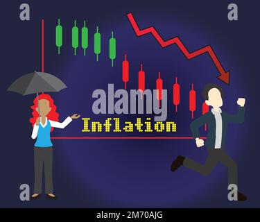 Wirtschaftsrezession 2023 Schaubilder und sinkende Aktienmärkte zeigen die weltweite Wirtschaftskrise im Jahr 2023. Die Auswirkungen von Inflation, Krieg, Epidemien. EPS10 Stock Vektor