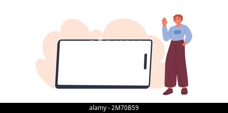 Verbindungskonzept. Mann und Frau telefonieren. Glückliche Leute, die ihr Handy für Werbung halten. Vector-Werbung für Smartphone-Illustration Stock Vektor