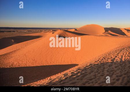 Fantastische Aussicht auf die Golden Sahara Desert Sands in der Nähe der Oasenstadt Taghit, Algerien Stockfoto