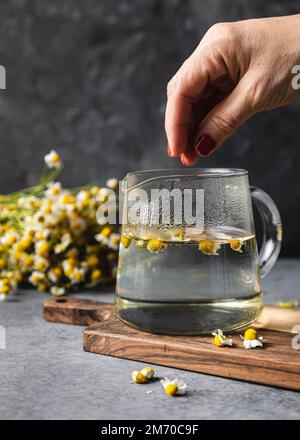 Die Hand einer Frau gießt organische camiìomile-Blumen ein, um eine Tisane zu machen Stockfoto