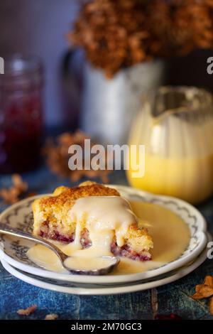 Eine Scheibe von britischer Pudding-Torte mit Brotkrumen und Marmelade, serviert mit Vanille oben. Stockfoto