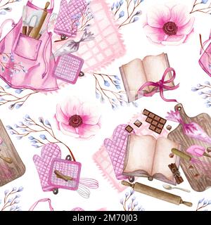 Nahtloses Muster mit süßem handgezeichneten Dessert, Tee- und Backmotiven und Doodle-Elementen. Wasserfarbener rosafarbener Hintergrund. Für Geschenkpapier, Textil, Druck, A Stockfoto