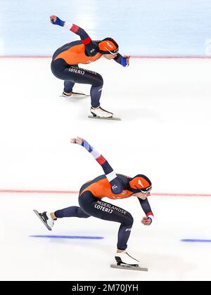 HAMAR - Jutta Leerdam (NED) und Femke Kok (NED) in den 500 Metern der Frauen während der ISU European Speed Skating Championships in der Hamar Olympischen Halle am 6. Januar 2023 in Hamar, Norwegen. ANP VINCENT JANNINK Stockfoto