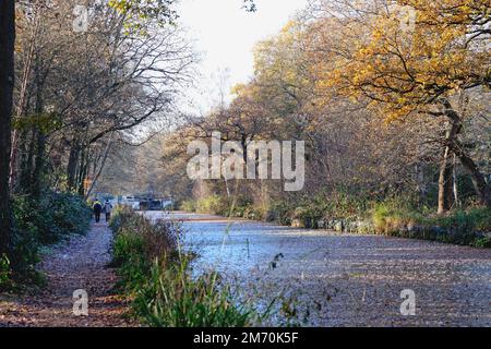 Der Beginn des Basingstoke-Kanals in New Haw an einem kalten und frostigen Wintertag in Surrey, England Stockfoto