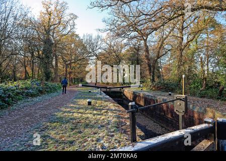 Der Beginn des Basingstoke-Kanals in New Haw an einem kalten und frostigen Wintertag in Surrey, England Stockfoto