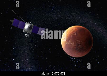 MAVEN - Raumsonde zur Untersuchung der marsianischen Atmosphäre während der Umlaufbahn auf dem Mars - 3D-Rendering - Elemente dieses Bildes, bereitgestellt von der NASA. Stockfoto