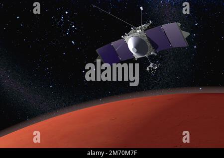 MAVEN - Raumsonde zur Untersuchung der marsianischen Atmosphäre während der Umlaufbahn auf dem Mars - 3D-Rendering - Elemente dieses Bildes, bereitgestellt von der NASA. Stockfoto