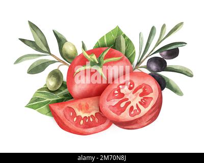 Aquarell-Bildkomposition mit grünen und schwarzen Oliven, Tomaten Stockfoto