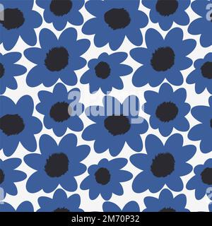 Nahtlos einfaches niedliches Muster großer blauer Blumen auf weißem Hintergrund. Endlose Blumenverzierung mit wunderschönen Blüten. Farbenfroher Hintergrund für Stoff, t Stockfoto