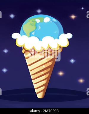Eine vertikale Vektordarstellung von Eiscreme für die globale Erwärmung und das Konzept des Gletscherschmelzens Stock Vektor