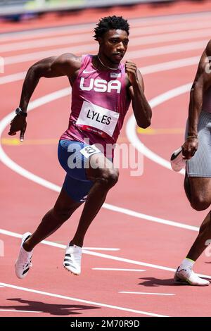 Noah Lyles (USA) tritt bei den Olympischen Sommerspielen 2020 (2021) in Tokio, Japan, in den 200 Meter hohen Herrentemperaturen an Stockfoto