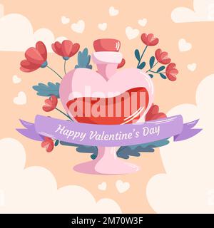 St. Design am Valentinstag mit Love-Trank-Flasche Illustration mit roten Blumen dahinter und Band auf beigefarbenem Hintergrund. Grußkarte, quadratische Postvorlage in sozialen Medien Stock Vektor
