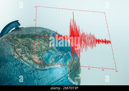 Rote seismische Welle über dem Globus mit physischer Karte Stockfoto