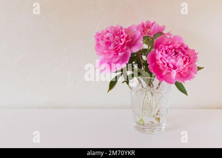 Pinkfarbene blühende Peonias in einer Kristallvase auf einer weißen Oberfläche. Leerer Bereich für Text. Stockfoto