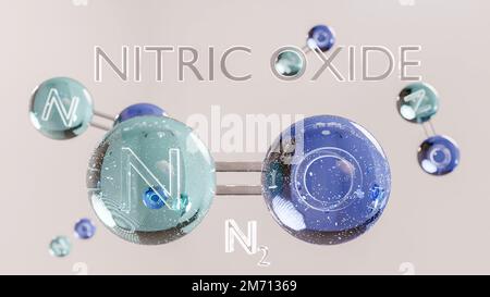 Stickstoffoxid, NO, Molekülmodell, chemische Formel. Stickstoffoxid, Stickstoffmonoxid oder Oxidonitrogen. Stickstoffmonoxid-Struktur Stockfoto